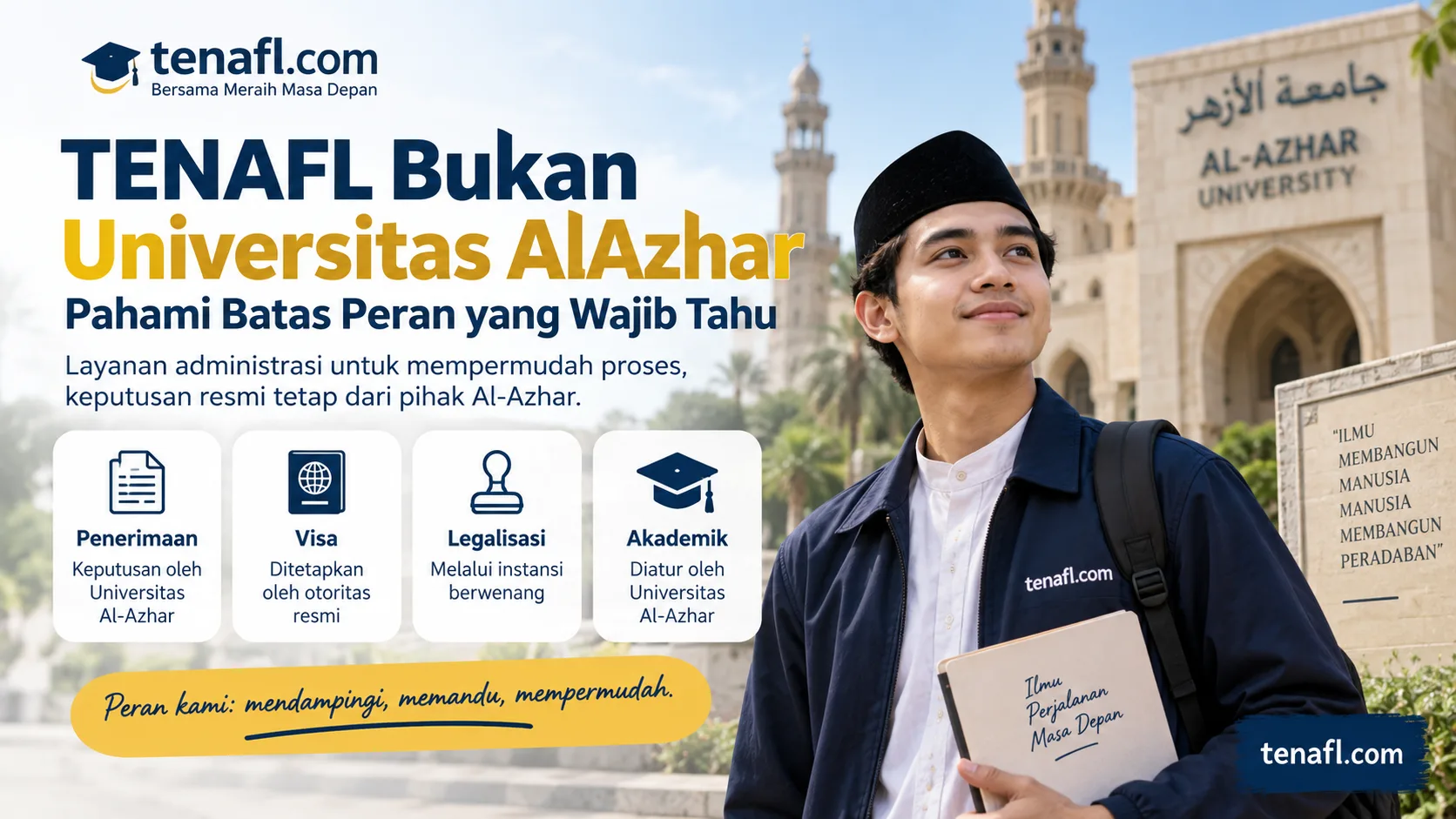 Ilustrasi pembagian peran TENAFL sebagai pendamping administrasi dan pihak resmi untuk penerimaan, visa, legalisasi, dan akademik.