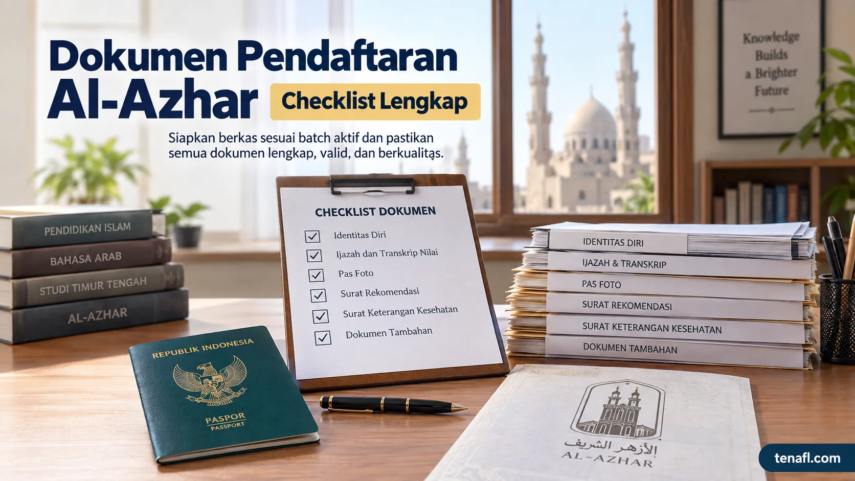 Checklist berkas Al-Azhar Mesir yang dikelompokkan menjadi identitas, ijazah, pasfoto, rekomendasi, kesehatan, dan dokumen tambahan