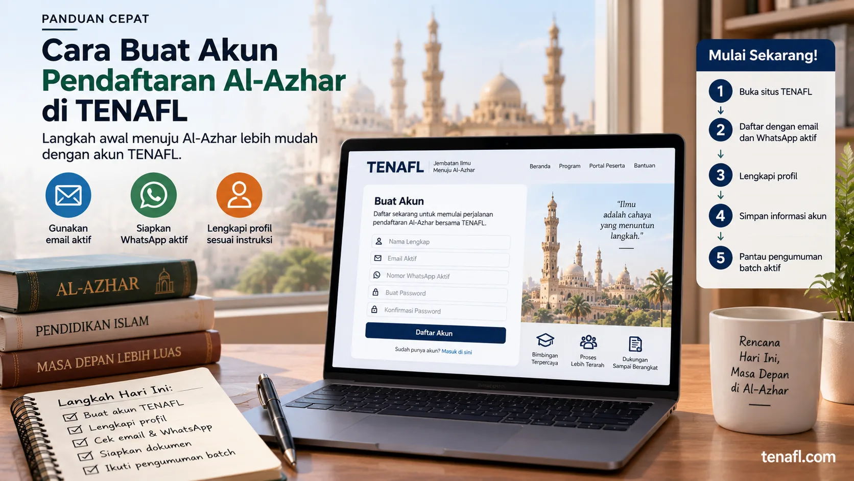 Ilustrasi cara membuat akun pendaftaran Al-Azhar di TENAFL dengan email aktif, WhatsApp aktif, dan Portal Peserta