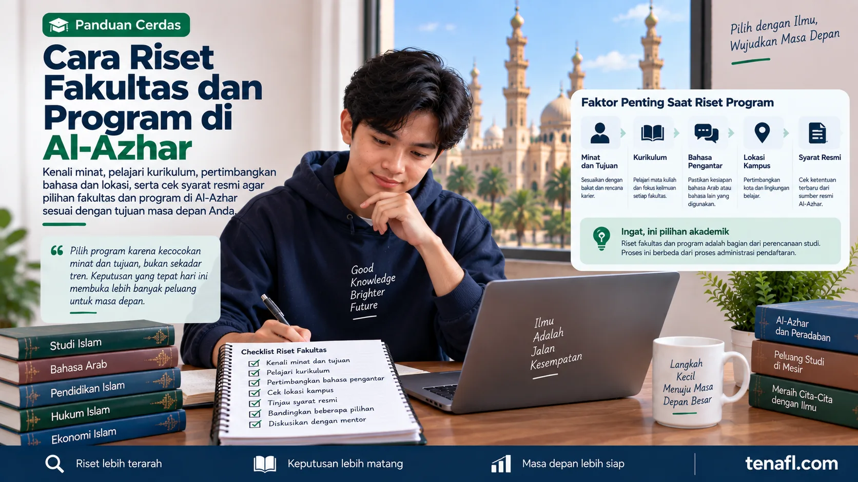 Ilustrasi mahasiswa meneliti fakultas dan program Al-Azhar berdasarkan minat, kurikulum, bahasa, lokasi, dan syarat resmi