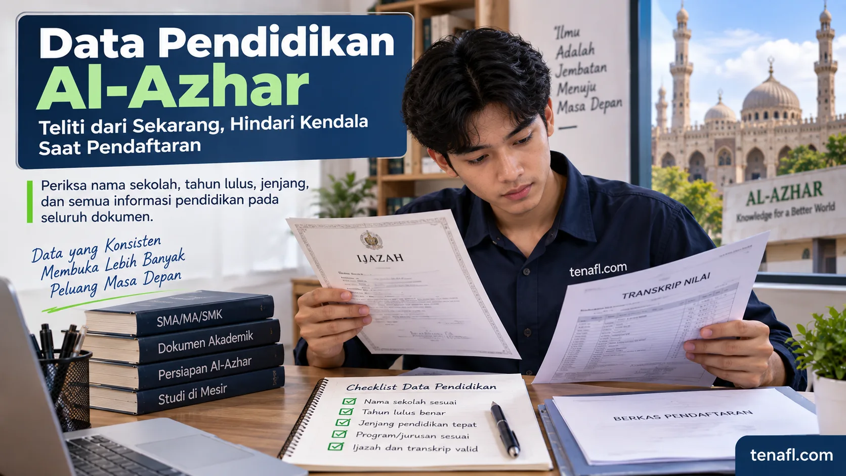 Ilustrasi pemeriksaan ijazah, transkrip nilai, nama sekolah, tahun lulus, dan jenjang pada berkas akademik Al-Azhar.