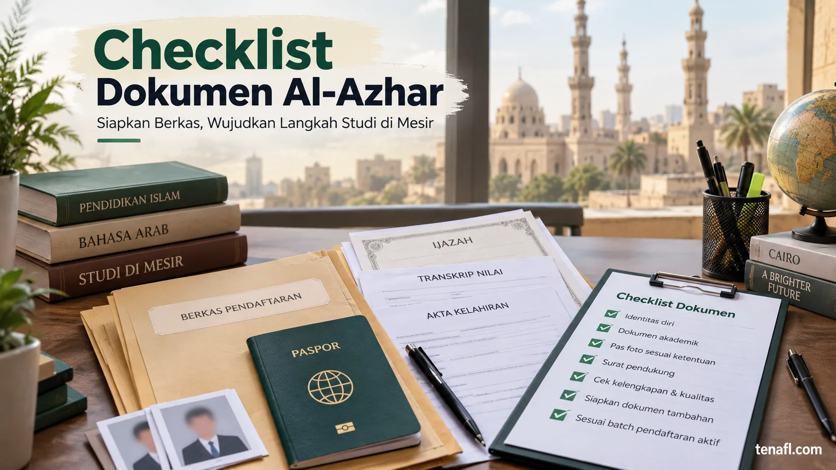 Checklist dokumen pendaftaran Al-Azhar dengan paspor, ijazah, transkrip, akta kelahiran, dan berkas pendaftaran