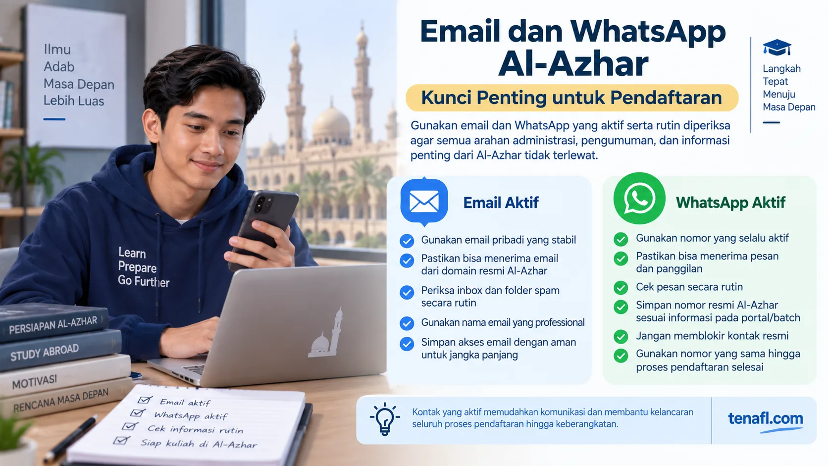 Checklist memilih email stabil dan nomor WhatsApp aktif untuk proses pendaftaran Al-Azhar
