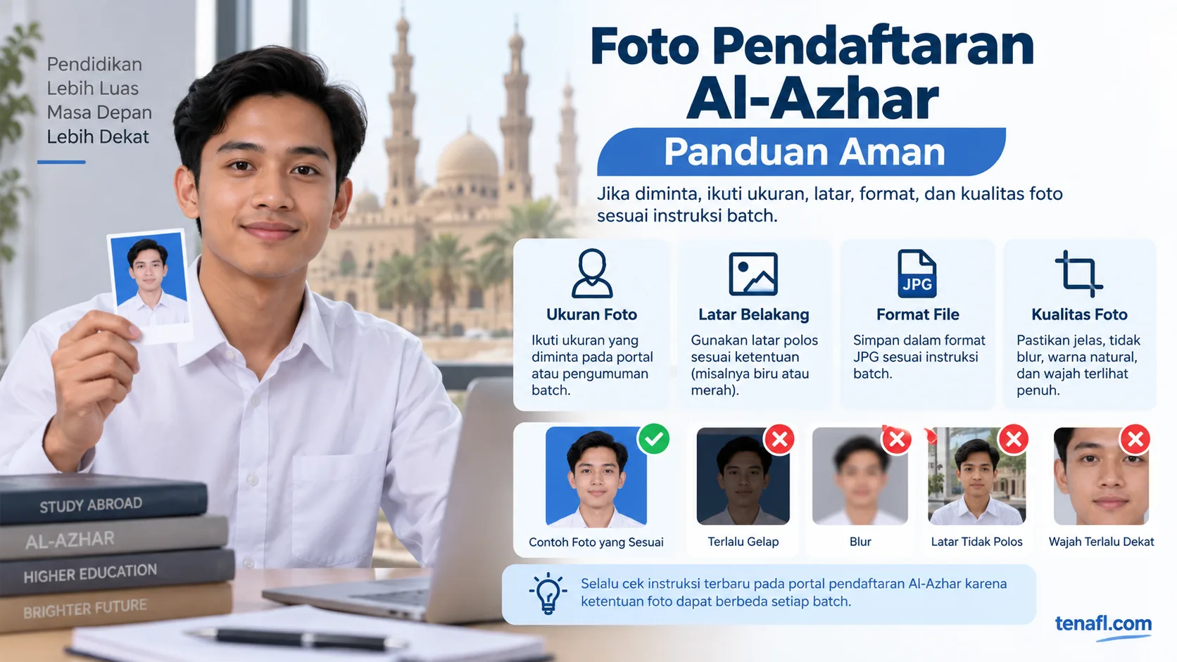 Panduan aman menyiapkan foto pendaftaran Al-Azhar sesuai ukuran latar format dan kualitas pada instruksi batch