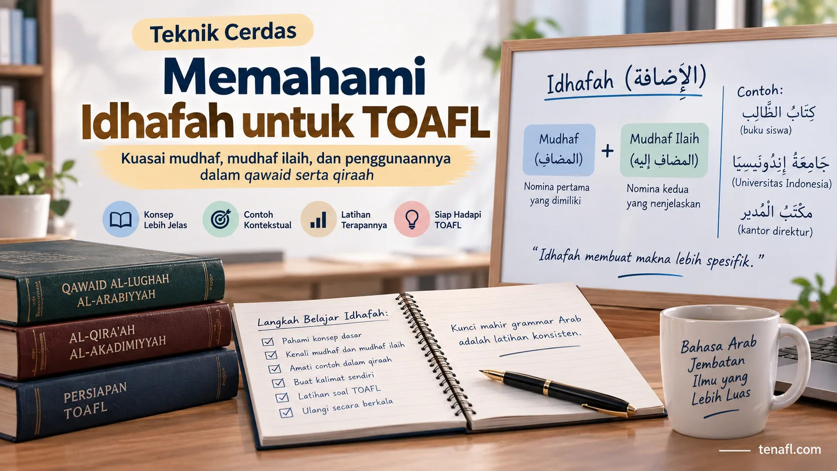 Infografik struktur idhafah dengan mudhaf, mudhaf ilaih, contoh, dan penerapan untuk qawaid serta qiraah TOAFL