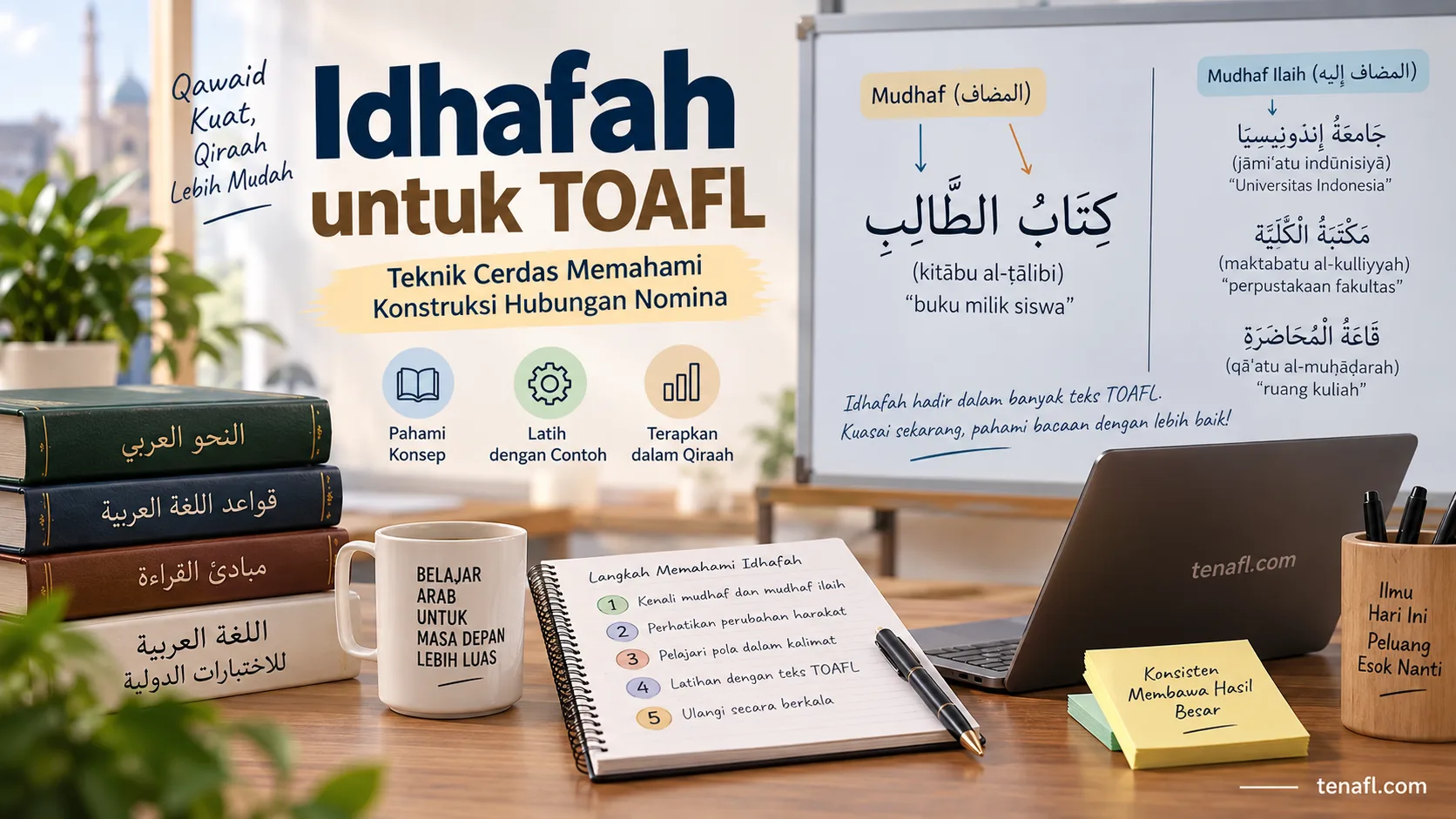 Ilustrasi belajar idhafah untuk TOAFL dengan mudhaf, mudhaf ilaih, qawaid, dan qiraah