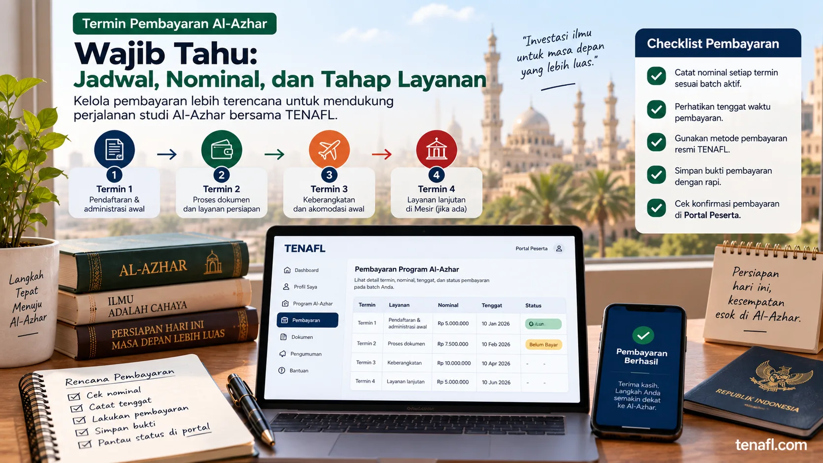 Ilustrasi jadwal cicilan biaya Al-Azhar dengan tahapan layanan, tenggat pembayaran, dan checklist bukti bayar