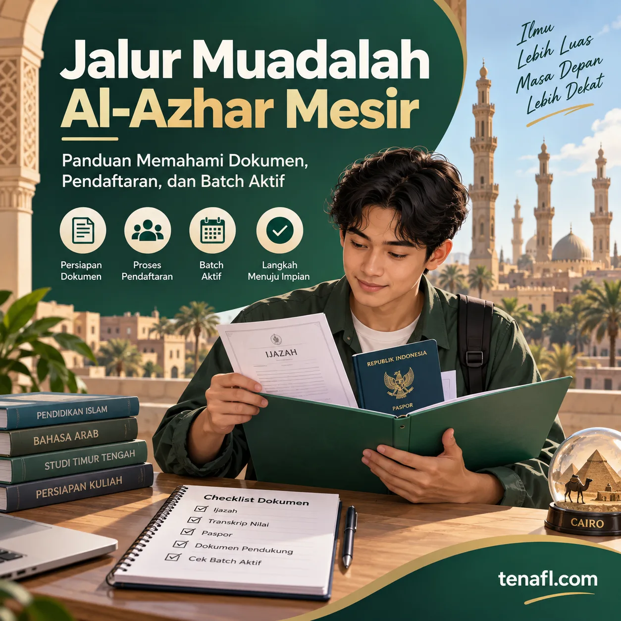 Ilustrasi persiapan jalur Muadalah Al-Azhar Mesir dengan dokumen, paspor, buku, dan suasana Kairo
