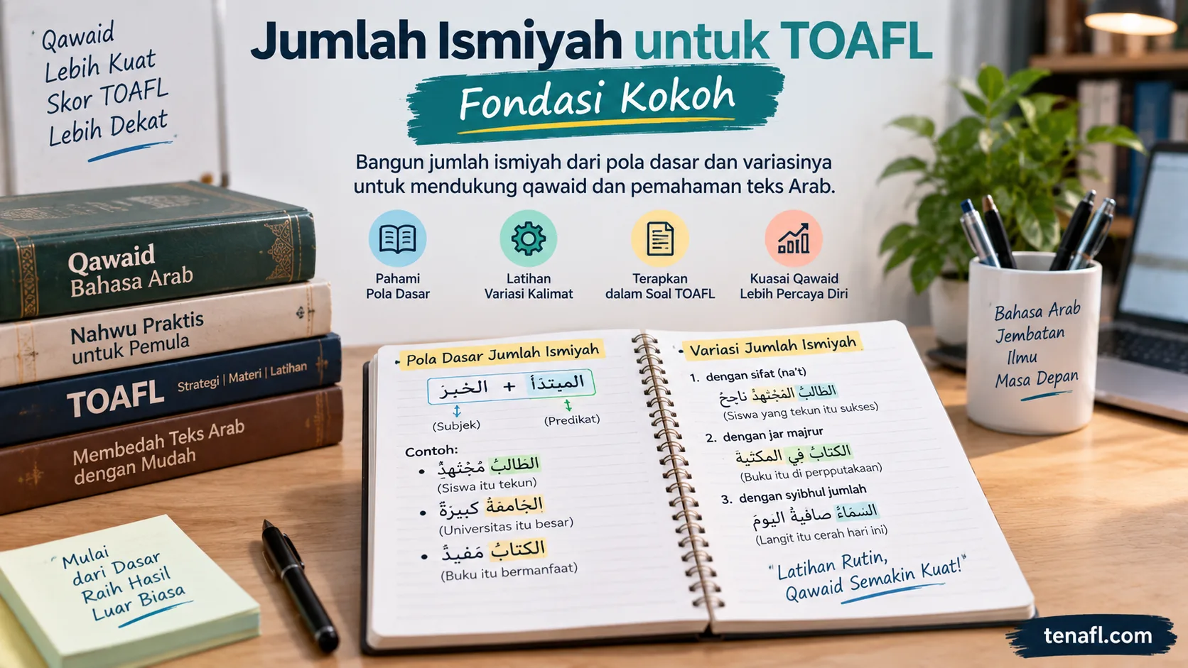 Ilustrasi belajar jumlah ismiyah TOAFL dengan pola mubtada dan khabar untuk latihan qawaid Arab