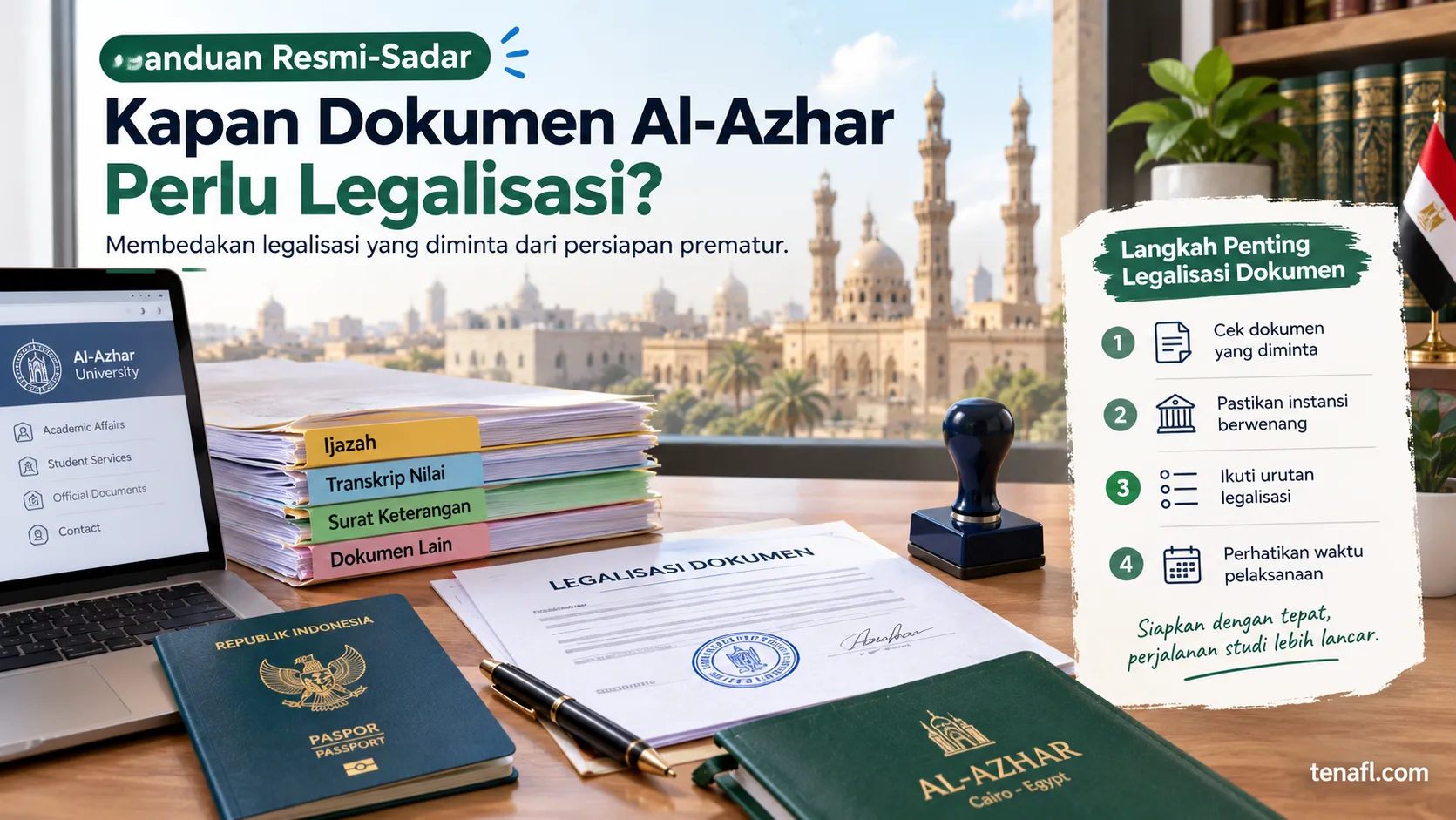 Ilustrasi tahapan legalisasi dokumen Al-Azhar dengan checklist instansi, urutan proses, waktu, dan berkas studi Mesir