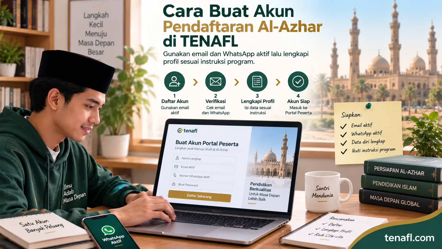 Langkah awal Portal Peserta TENAFL untuk pendaftaran Al-Azhar: buat akun, verifikasi kontak, lengkapi profil, dan siapkan pendaftaran