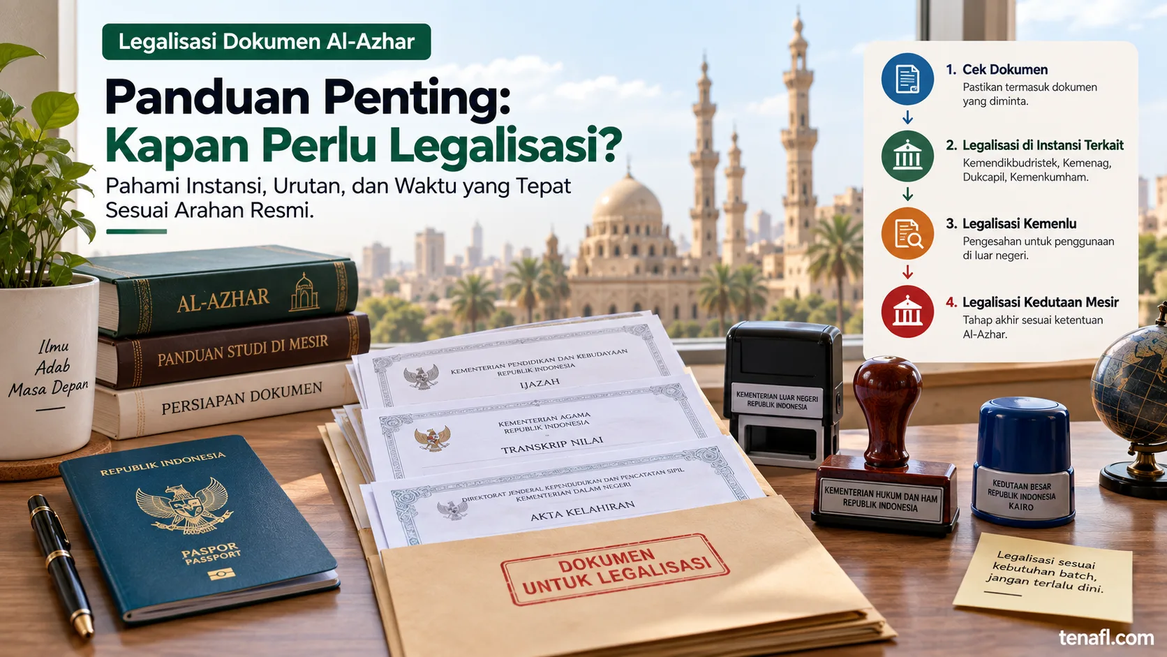 Ilustrasi panduan legalisasi dokumen Al-Azhar dengan ijazah, paspor, stempel instansi, dan alur legalisasi resmi