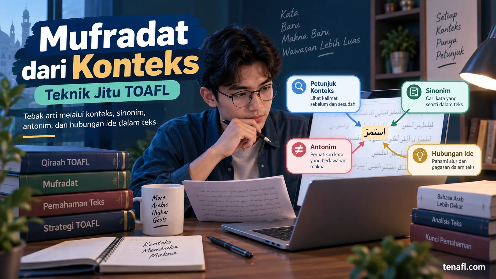 Ilustrasi peserta belajar menebak arti mufradat Arab dari konteks, sinonim, antonim, dan hubungan ide untuk qiraah TOAFL