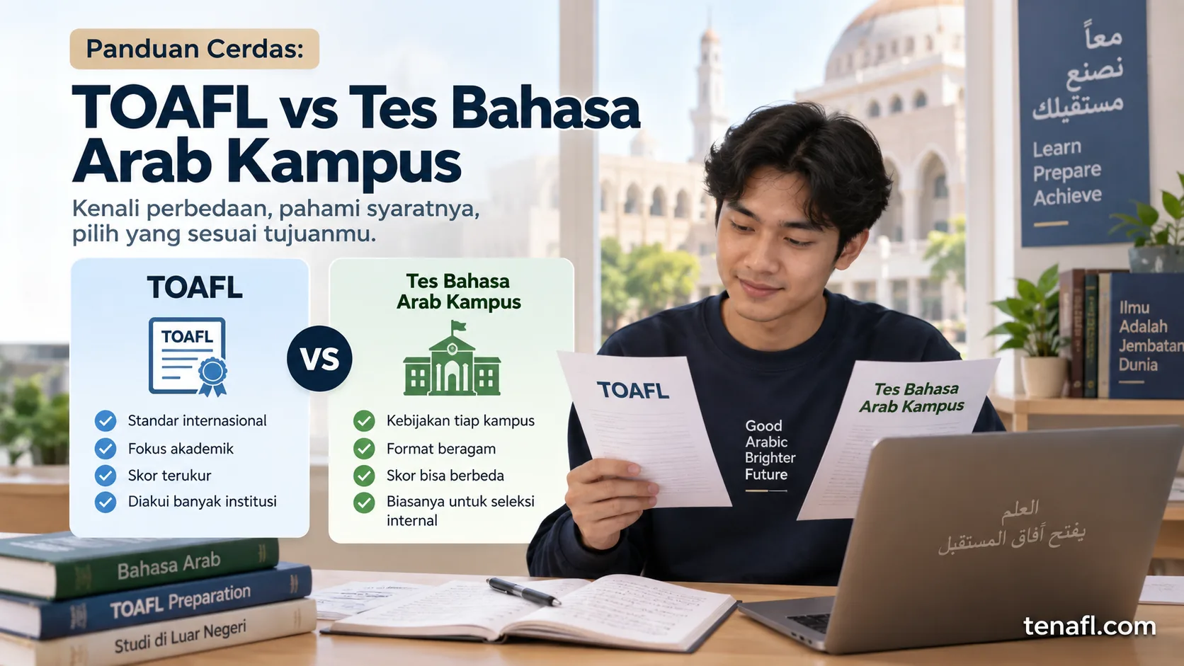 Infografik perbandingan TOAFL dan tes bahasa Arab kampus untuk mengecek nama tes, kompetensi, sistem skor, sertifikat, dan penerimaan kampus