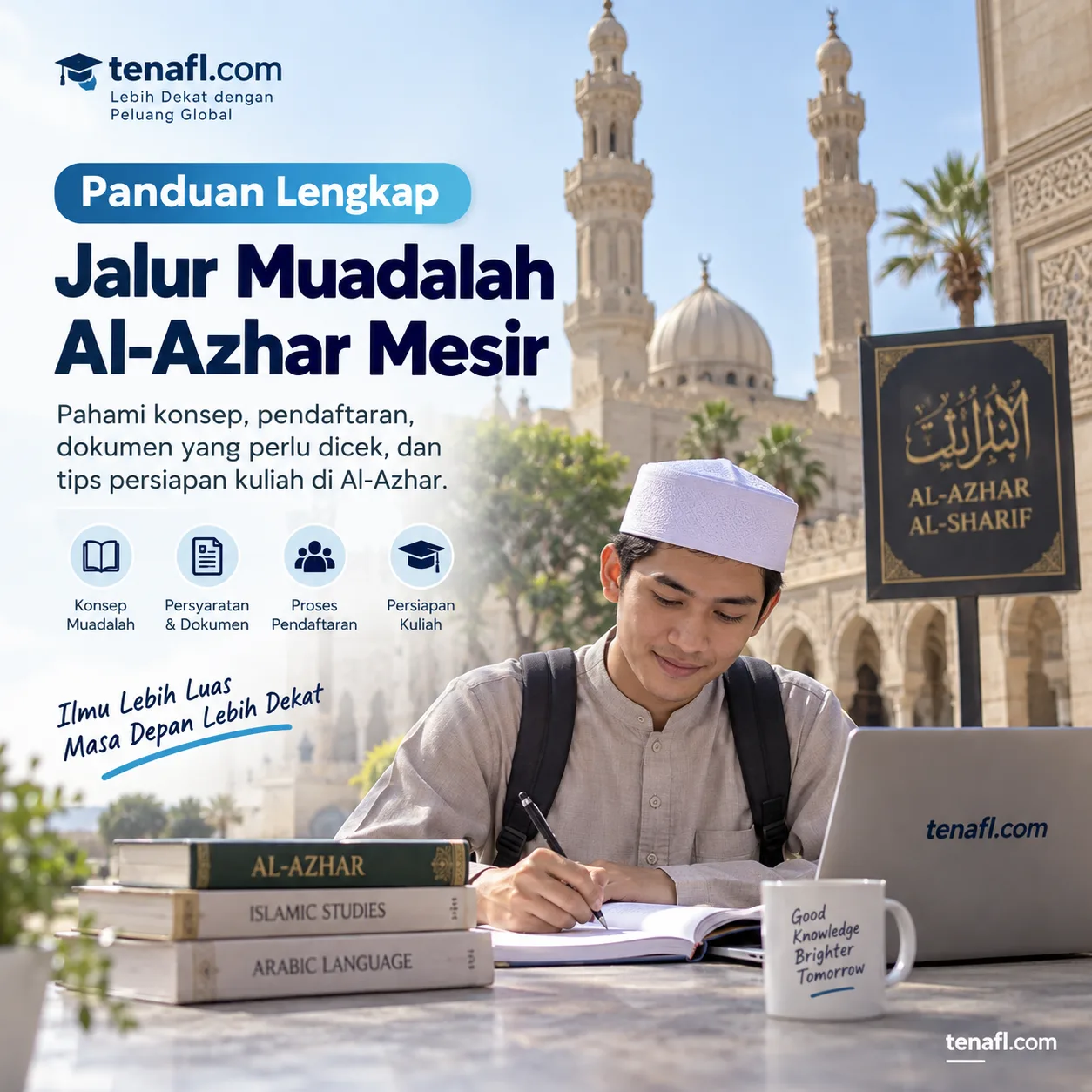 Ilustrasi calon mahasiswa mempelajari konsep, dokumen, dan pendaftaran jalur Muadalah Al-Azhar Mesir
