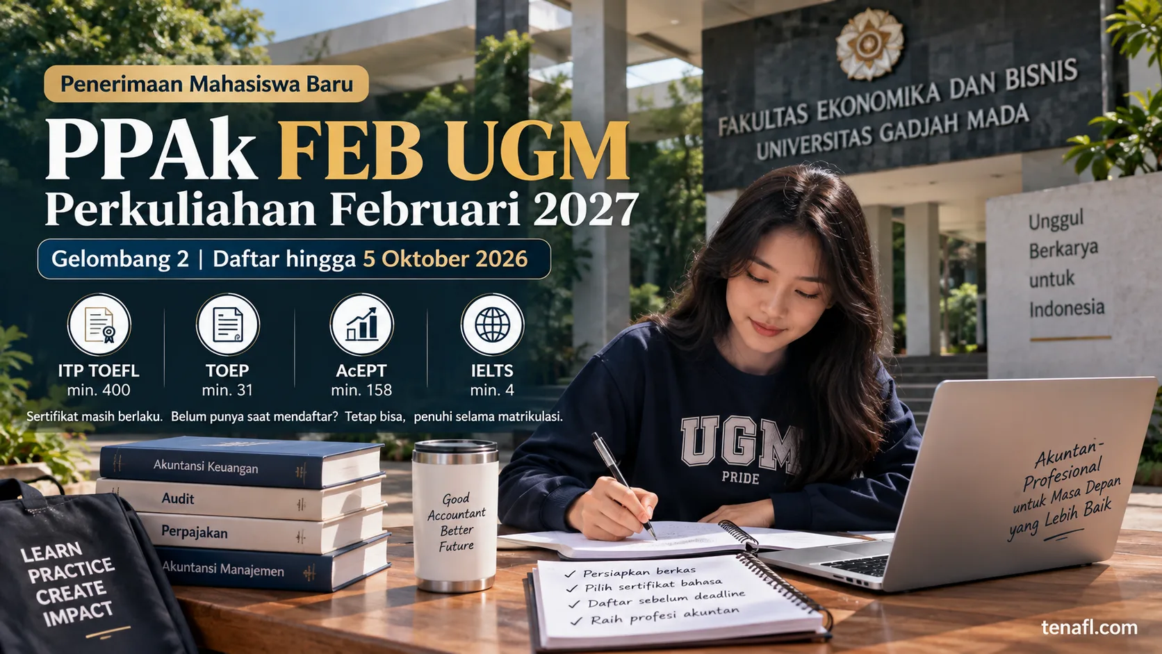 Ilustrasi pilihan sertifikat bahasa PPAk FEB UGM dengan skor ITP TOEFL 400, TOEP 31, AcEPT 158, dan IELTS 4
