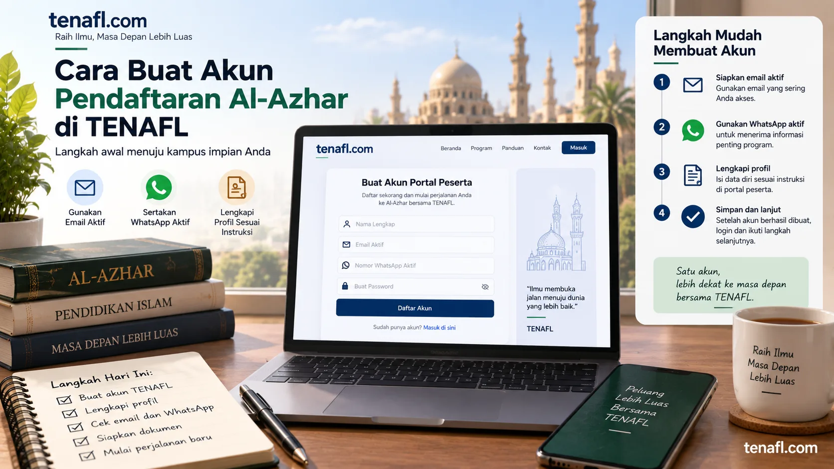 Ilustrasi langkah membuat akun Portal Peserta TENAFL dengan email aktif, WhatsApp aktif, dan profil peserta