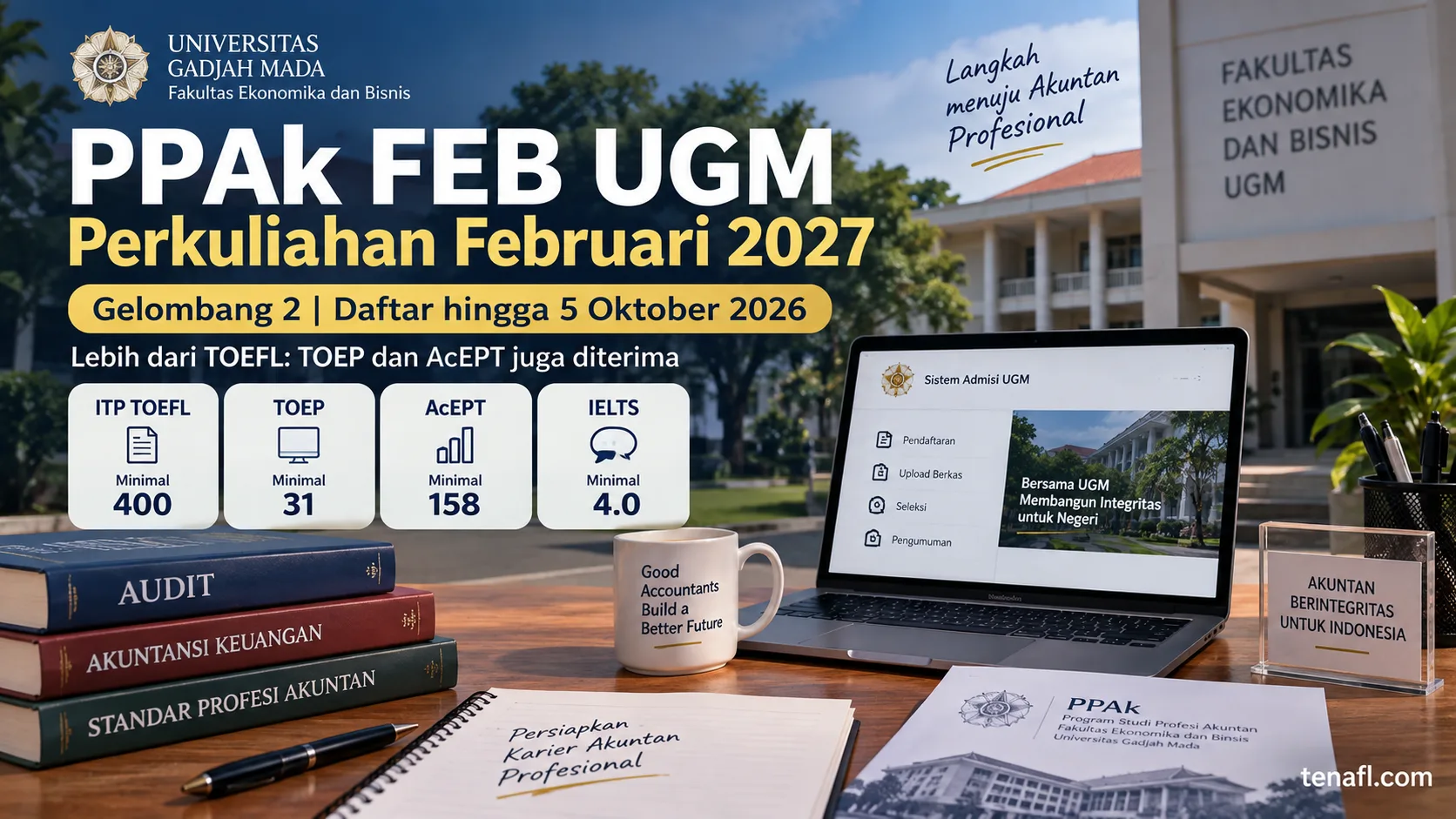 Ilustrasi penerimaan PPAk FEB UGM Februari 2027 dengan pilihan ITP TOEFL, TOEP, AcEPT, dan IELTS