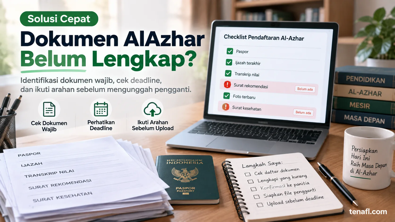 Ilustrasi checklist dokumen Al-Azhar belum lengkap dengan penanda berkas tersedia, belum ada, deadline, dan langkah konfirmasi sebelum upload pengganti