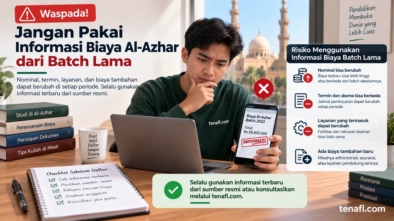 Ilustrasi risiko memakai screenshot biaya Al-Azhar batch lama dan anjuran mengecek nominal, termin, layanan, serta biaya tambahan pada sumber terbaru