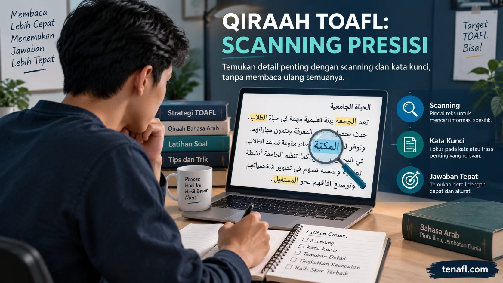 Peserta berlatih soal detail Qiraah TOAFL dengan scanning dan kata kunci Arab di laptop