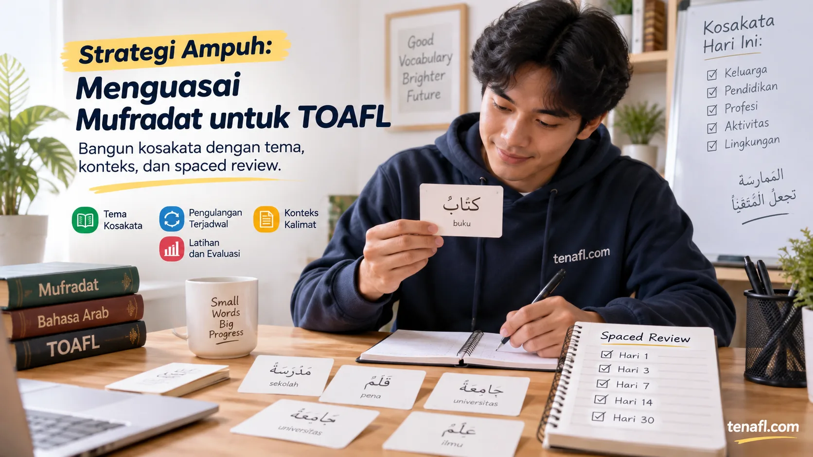 Infografik belajar mufradat TOAFL dengan tema kosakata, konteks kalimat, spaced review, dan evaluasi error vocabulary