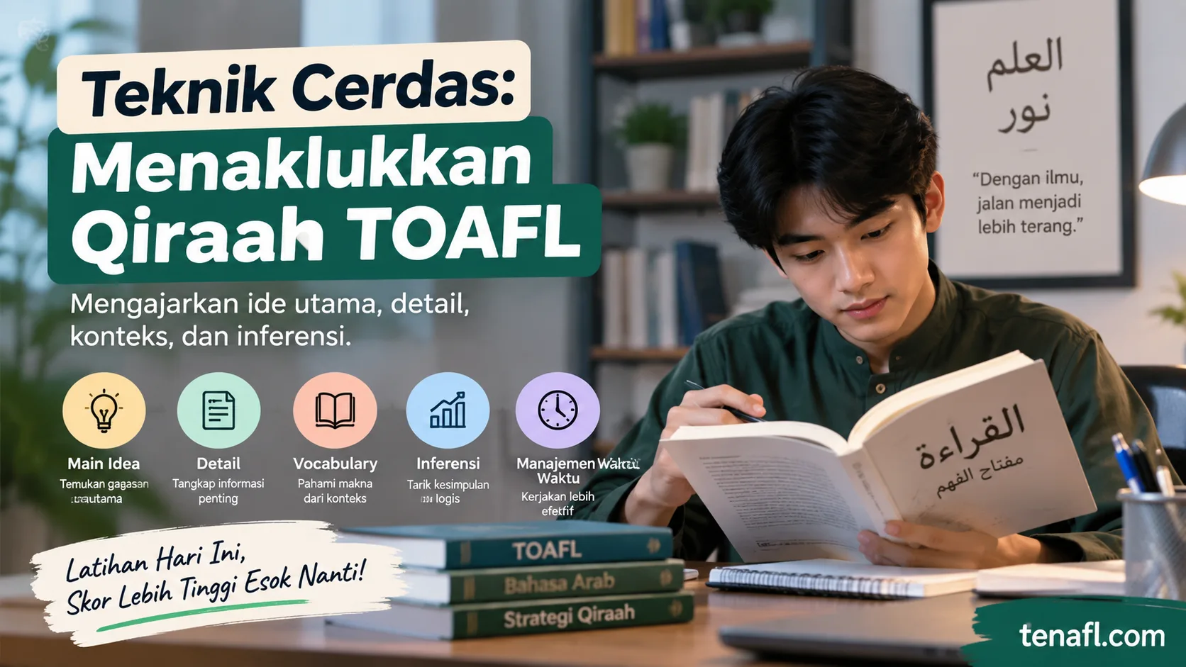 Infografik strategi qiraah TOAFL untuk menemukan ide utama, detail, memahami vocabulary dari konteks, membuat inferensi, dan mengatur waktu