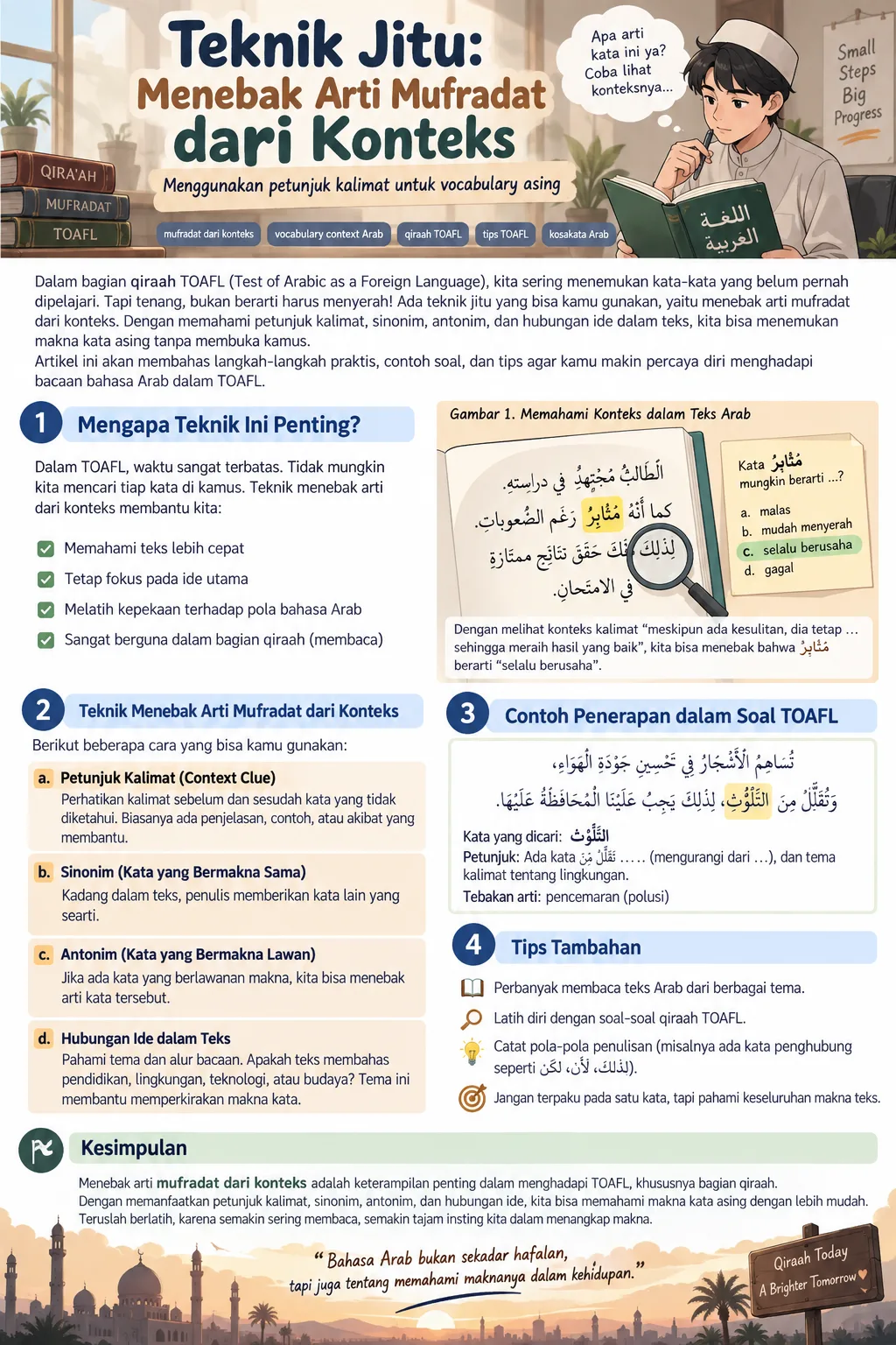 Infografik teknik menebak arti mufradat Arab dari konteks kalimat, sinonim, antonim, dan hubungan ide pada qiraah TOAFL