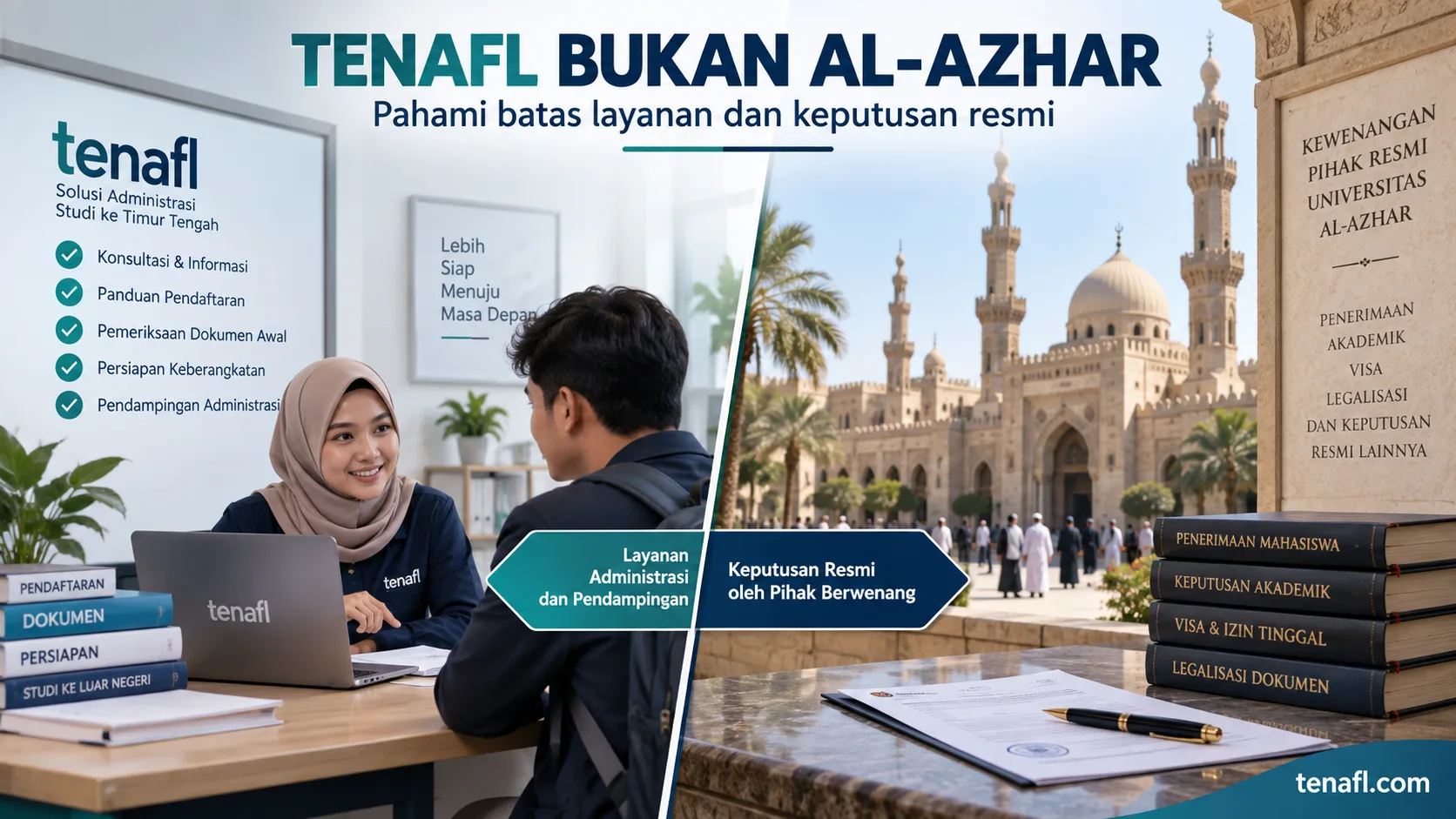 Ilustrasi batas peran TENAFL sebagai layanan administrasi dan kewenangan resmi Al-Azhar serta otoritas terkait.