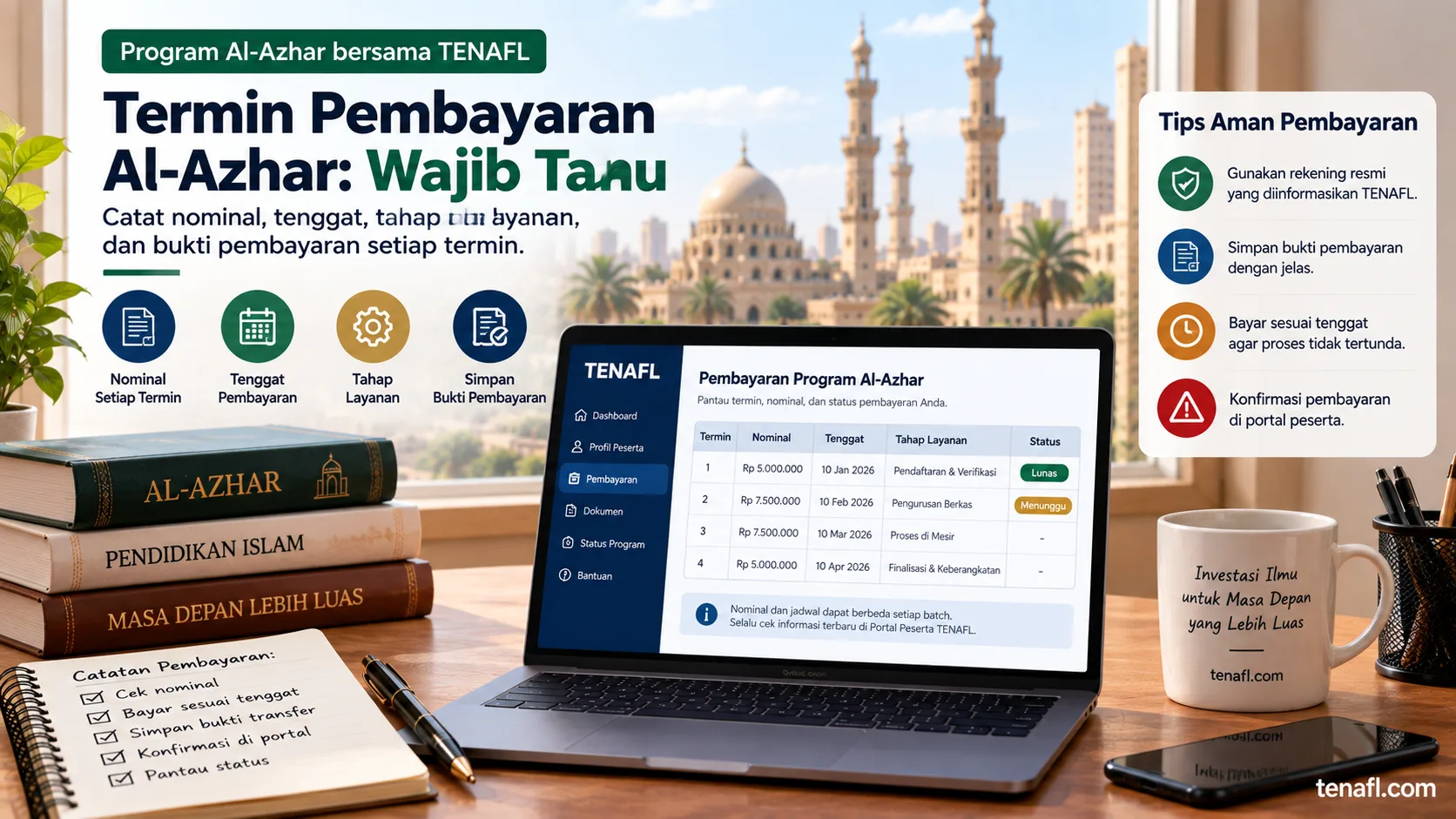 Ilustrasi panduan termin pembayaran Al-Azhar dengan jadwal, status pembayaran, dan Portal Peserta TENAFL