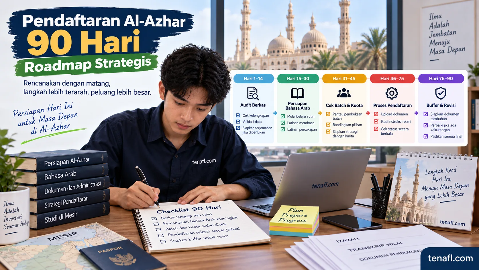 Ilustrasi timeline 90 hari persiapan Al-Azhar dari audit dokumen hingga pendaftaran dan revisi akhir.