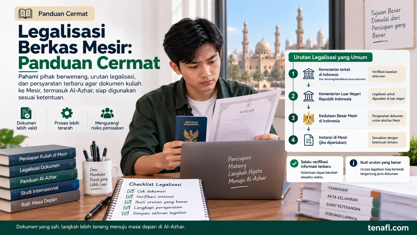 Ilustrasi urutan verifikasi legalisasi dokumen Al-Azhar Mesir dari instansi asal, otoritas Indonesia, Kedutaan Mesir, hingga kebutuhan lanjutan di Mesir