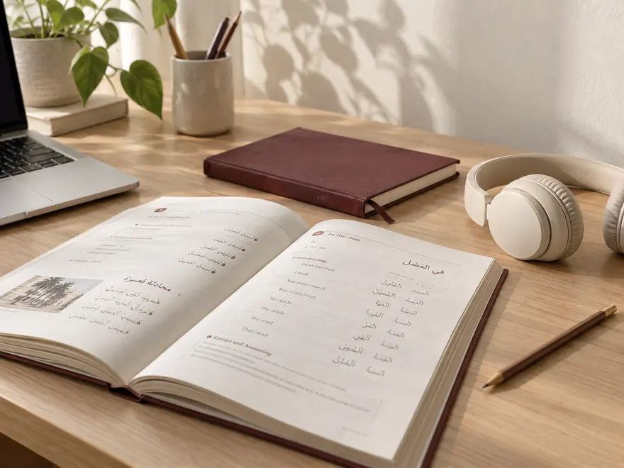 Ilustrasi buku bahasa Arab, catatan belajar, dan headphone di meja belajar
