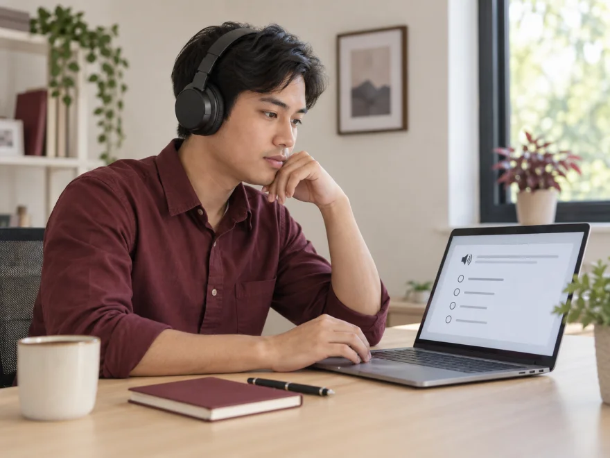 Ilustrasi peserta mengerjakan tes bahasa secara mandiri dengan laptop dan headphone